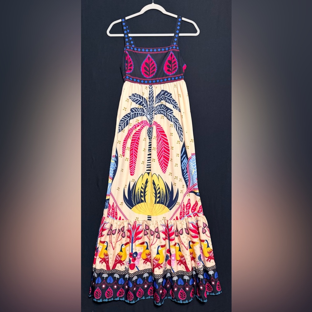 Sunday Up Tropical Leaf Maxi Dress Lightweight Tucan Birds Smocked Back